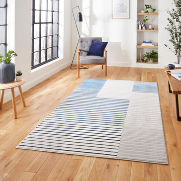 Apollo 2681 Modern Geometric Striped Linear Blocks Distressed Metallic Shimmer High-Density Textured Low Profile Short-Pile Grey/Navy/Cream Rug-Think Rugs-Rug Love - The Most Loved Rug Store